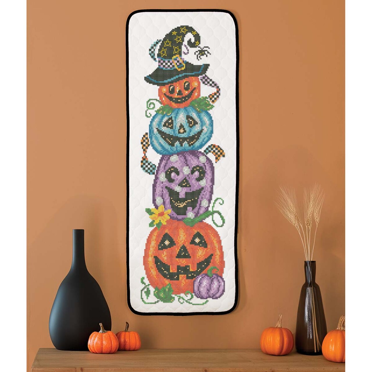 Herrschners Bright Pumpkin Stack Wall Hanging Stamped Cross-Stitch Kit